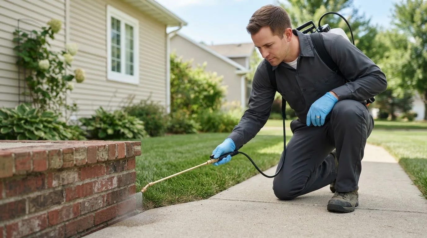Pest control technician treating a home near Radford, VA